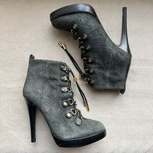 Tory Burch Hamila Dark Gray Distressed Suede Lace Up High Heel Booties Women 6.5